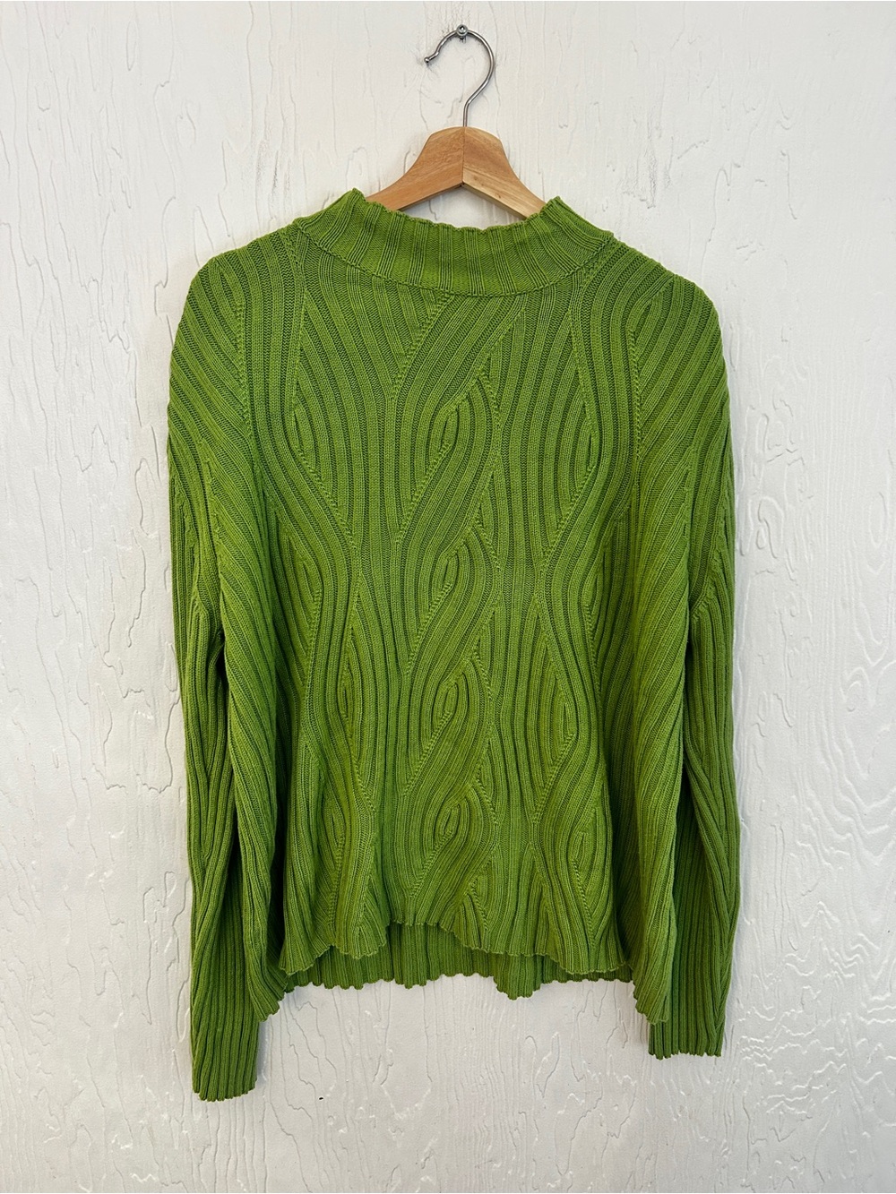 PARKHURST 100% Cotton Ribbed Cabled Knit Large Green Mock Neck Relaxed Cozy
